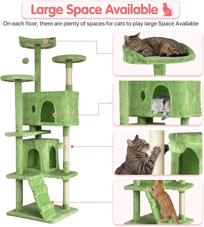 70in Cat Tree Cat Climbing Tower with Scratching Post, Cats House Perch Kitten Tree Condo Wood Playhouse, Pet Trees Tower for Indoor Cats, Green
