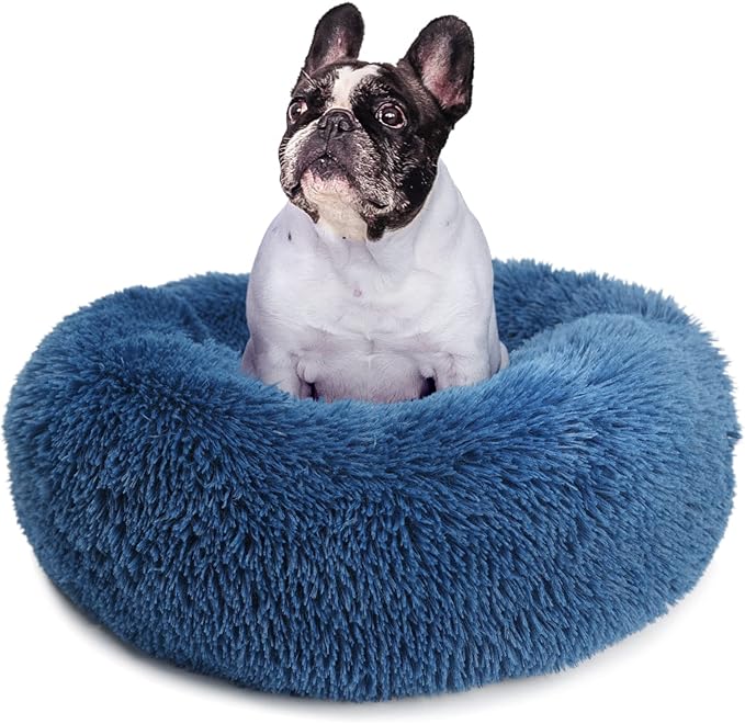 Calming Donut Dogs Beds for Small Dogs Washable,23inch Plush Round Pet Bed for Cozy Sleep,Fluffy Faux Fur Large Cat Bed,Fits up to 25 lbs Pets,Navy Blue