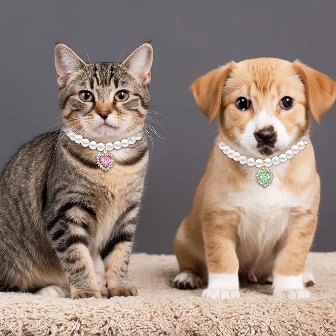 2PCS Kitten Collars Pearl Cat Dog Collar with Small Heart Shape Rhinestone, Cat Collars for Girl Cats, Adjustable Dog Pearl Necklace Collar for Small Dogs and Cats, Pink + Green