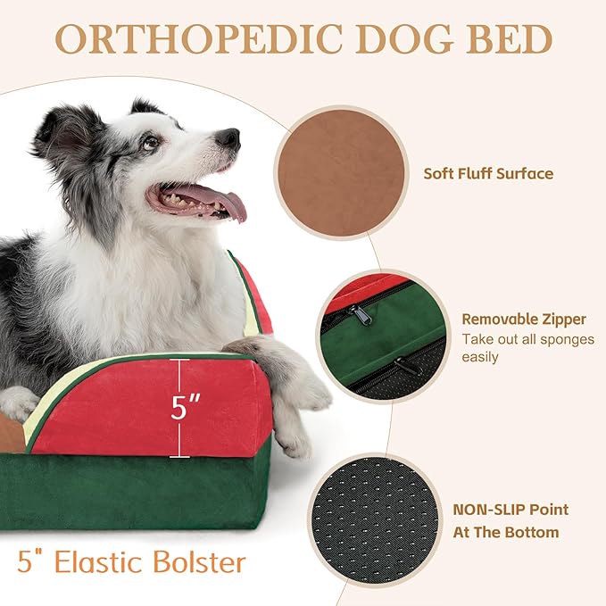 Comfort Expression Orthopedic Dog Bed for Extra Large Dogs 42x30 Inch, Waterproof Egg Crate Foam XL Pet Bed with Removable Bolsters, Dog Couch with Washable Cover & Non-Slip Bottom, Watermelon Mist