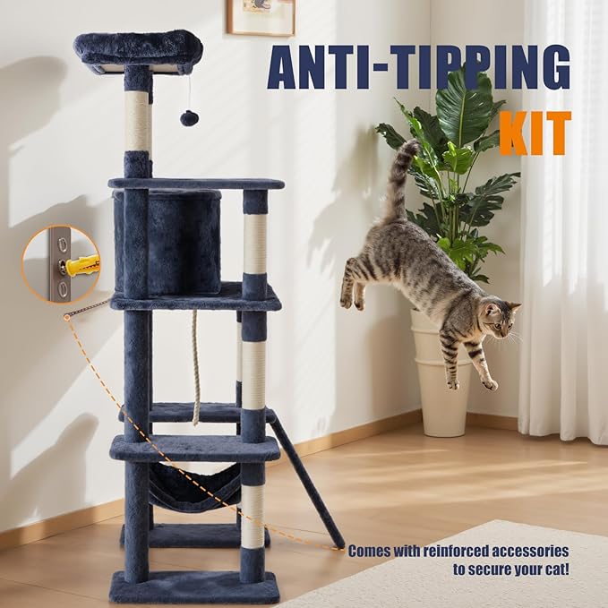 Large Cat Tree 63 Inch, Multi-Level Tall Cat Tree Tower with Condo, Perch, Sisal Scratching Posts Board and Hammock, Pet Play House with Dangling Balls for Indoor Cats, Dark Grey