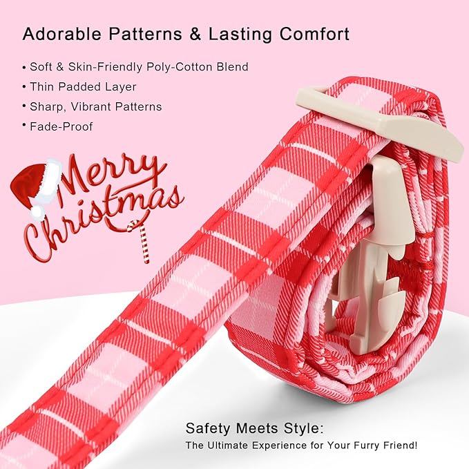 Plaid Dog Collar - Cute Red and Pink Plaid Puppy Collar with Safety Buckle, Soft Adjustable Holiday Dog Collars for Small Medium Large Dogs S