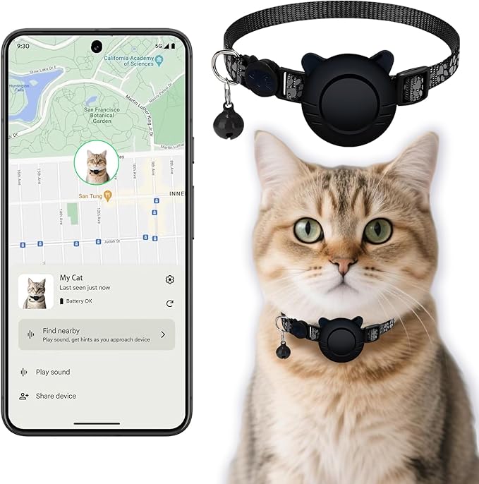GPS Cat Collar Tracker – Bluetooth Pet Locator for Cats | Works with Android & Google Find My Device | Ideal for Pet Parents!
