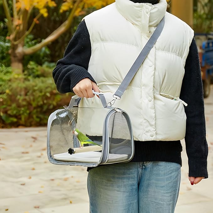 Portable Small Bird Travel Cage Carrier, A Convenient Go Out Solution for Various Birds and Lizard, Featuring a Standing Perch and Comfortable Mat (with Tray).