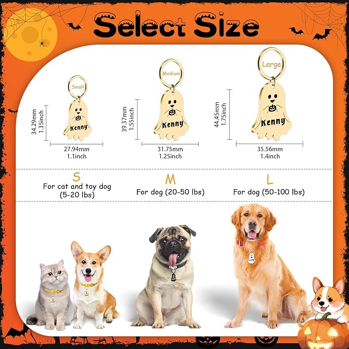 Personalized Pet Tags for Dog Cat, Custom Halloween ID Tags for Dogs, Dog Name Tags Engraved for Pets, Boo Basket Stuffers, Halloween Gifts for Dogs Lovers (Ghost)