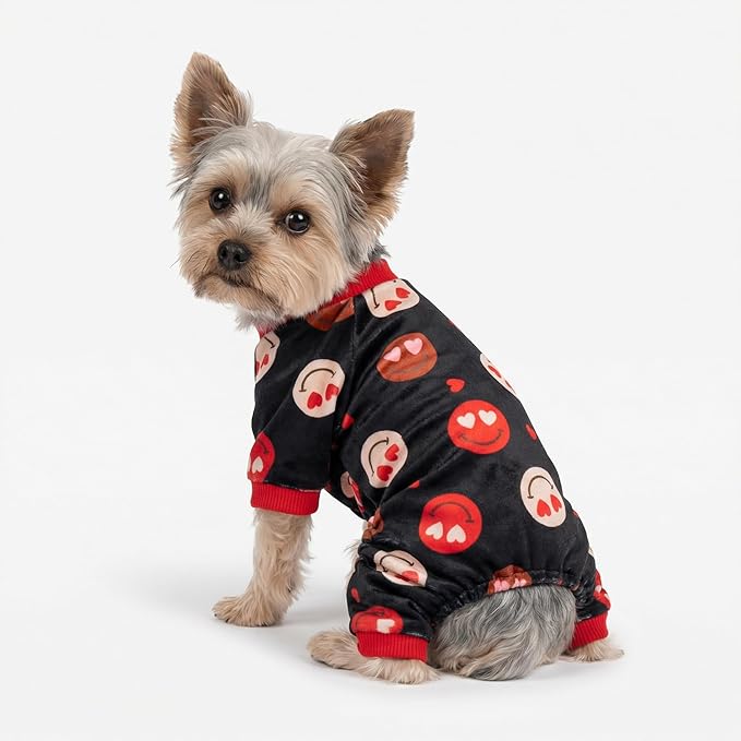 Fitwarm Hearts Eyes Smily Face Dog Pajamas, Cozy Valentines Outfit for Small Dogs Boy Girl, Festive Pet Clothes, Black, Red, XXL