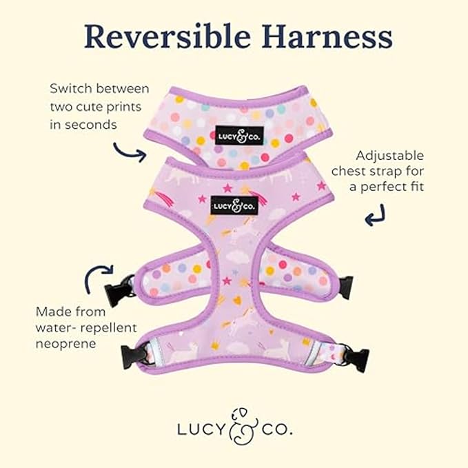 Lucy & Co. Cute Reversible Dog Harness Walking Halter - Best Designer Pet Harnesses for XS - XL Dogs - Padded Adjustable Vest for Easy Walking (Medium, Unicorn Magic - Purple & Pink Unicorns)