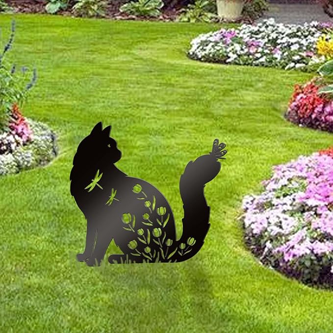 Bnesi Floral Long-Haired Cat Yard Decor Pet Grave Markers Metal Sign Silhouette Garden Ornament Pet Grave Markers Outdoor Cat Memorial Gift Flowerbed Decor (Elegant)