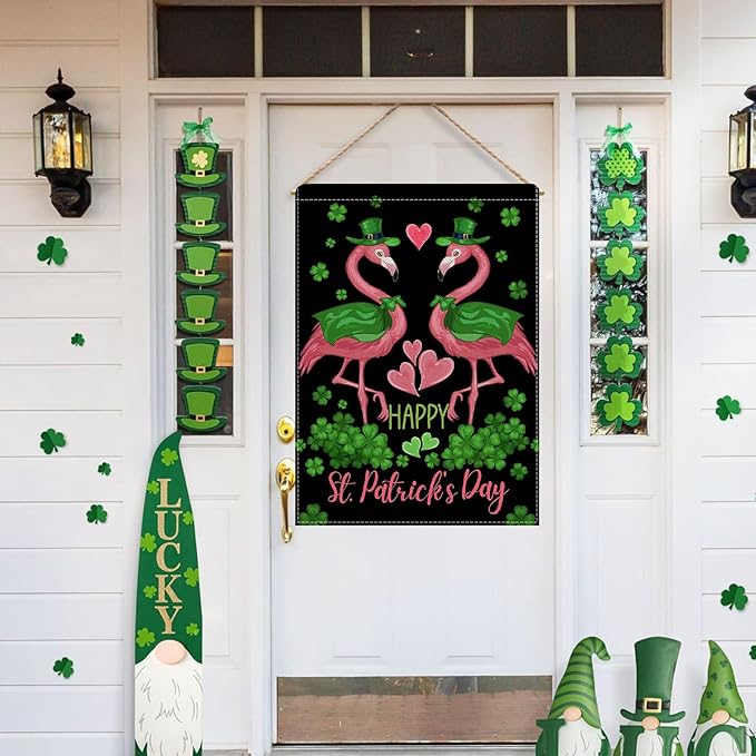 Dyrenson Happy St Patricks Day Flamingo 28 x 40 House Flag Double Sided, Lucky Shamrock Clover Black Garden Yard Decoration, Spring Irish Love Hearts Burlap Outdoor Decor Decorative Large Flag