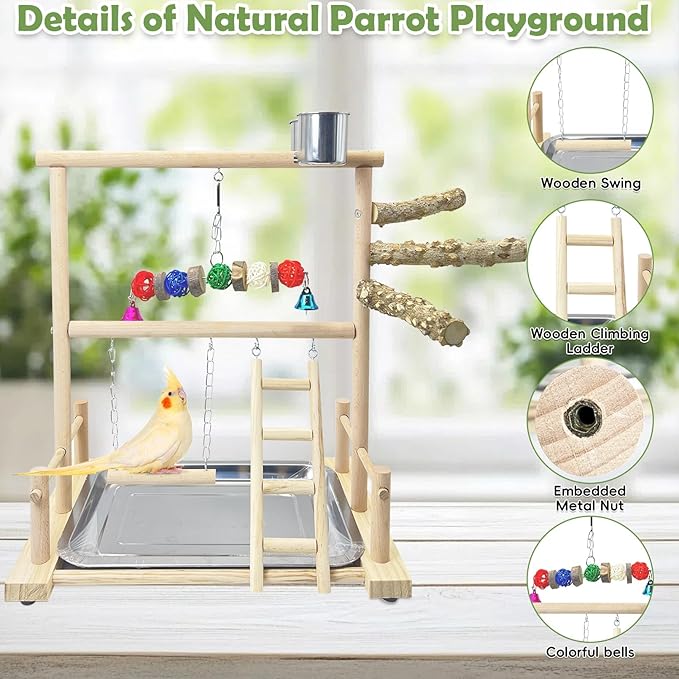 kathson Bird Playground Parrot Perch Stand Toys, Birds Wood Play Gym Activity Center Exercise Playpen Ladder Swing with Feeder Cups Chewing Toy(Include a Tray)