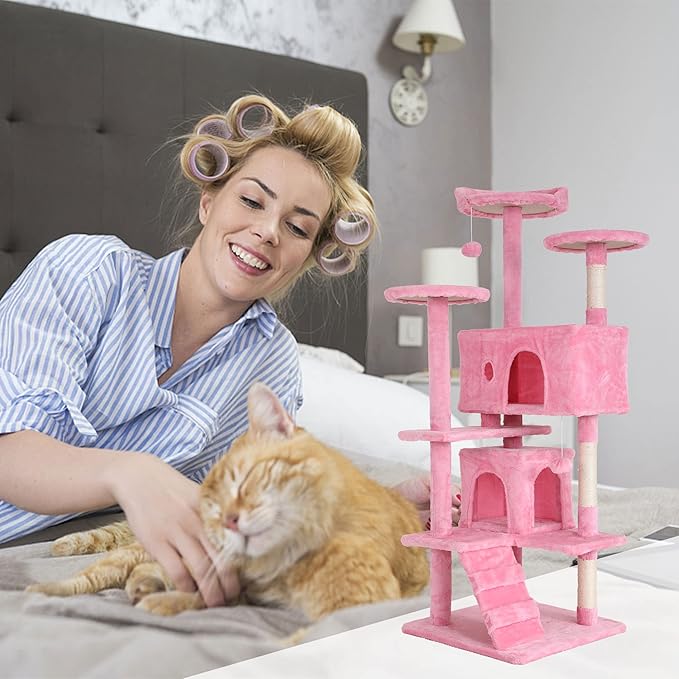 Heavy Duty Cat Tree Tower, 54" Tall Cat Tower for Indoor Cats with Cat Scratching Post with Bed, Cat Condo, Hanging Ball, Multi-Level Cat Climbing Tower Cat Trees Furniture Activity Center, Pink