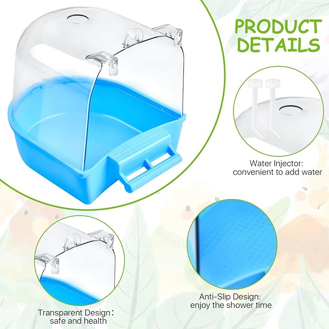 Supkiir 4Pcs Clear Bird Bath for Cage, Parakeet Bath Cage Accessories with Water Injectors, Hanging Bird Bath Box Parrot Bird Bathing Tub for Small Birds Cockatiel Conure Canary Budgies