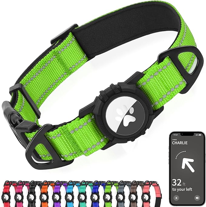 Joytale Airtag Dog Collar, Reflective Pet Collar with Waterproof AirTag Holder, Dual D-Rings, Soft Padded Adjustable for Extra Small and Puppy Dogs, Green, XS