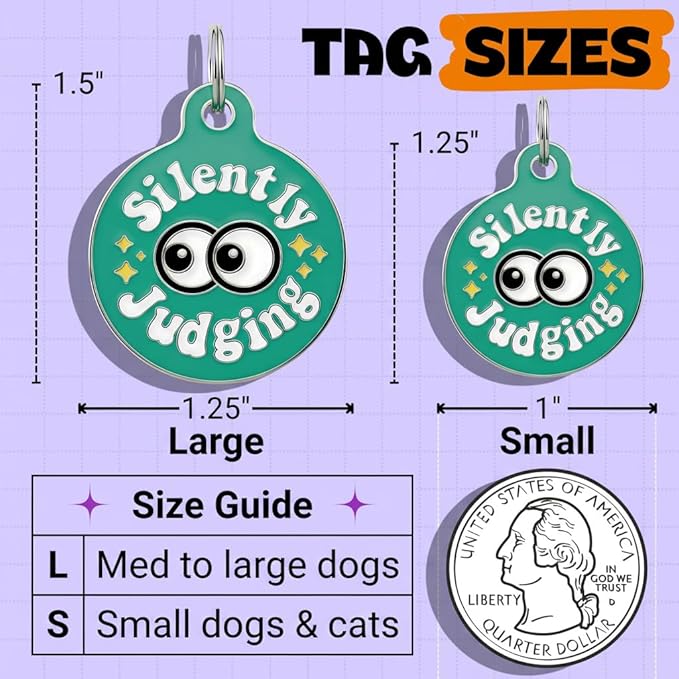 Bad Tags Personalized Dog and Cat ID Tags in 25+ Designs and 2 Sizes - 5 Lines of Custom Engraved Text - Funny Cute Personalized Pet Tags (Silently Judging - Green, Small (1 inch))