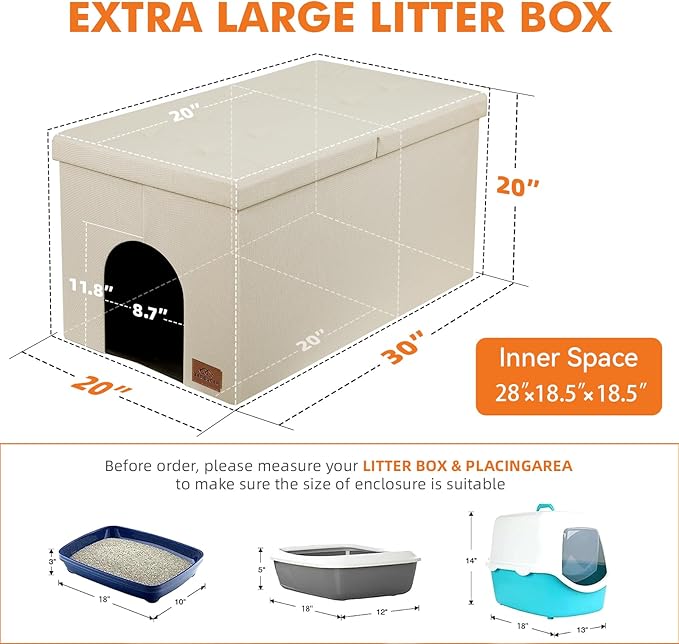 3-in-1 Cat Litter Box Enclosure for Odor Control, Hidden Litter Box Furniture Cabinet Ottoman with Flip-Up Lid, Multi-Functional Bench with Storage Footrest, Dog Proof (Cream, Large)