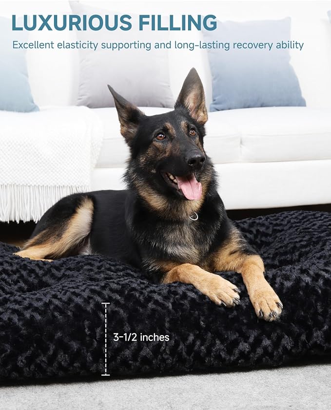 KSIIA Washable Dog Bed Anti-Slip Dog Crate Beds Deluxe Plush Kennel Pad Comfy Pet Sleeping Mat for Large Dogs, 35" x 23", Black