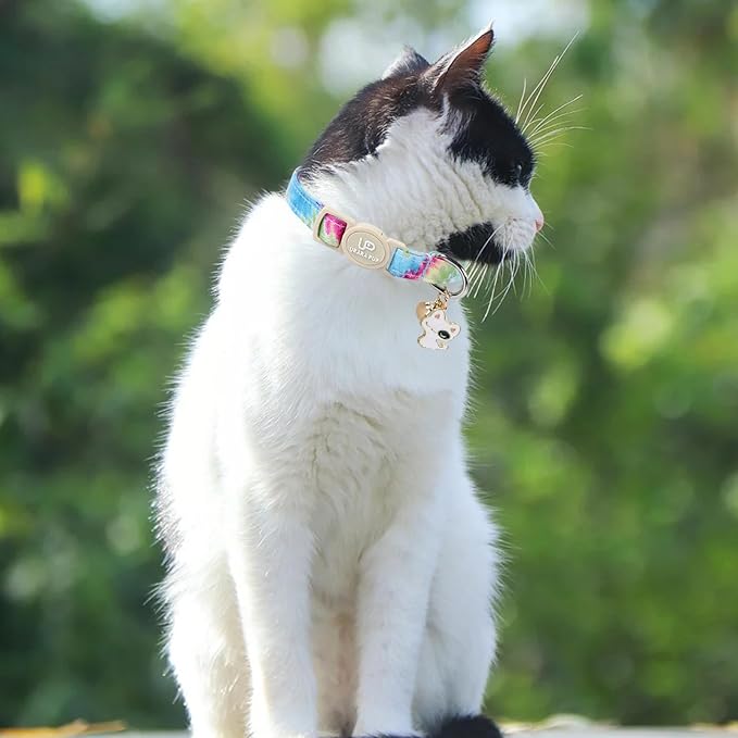 Cat Collar, 2 Pack Cat Collars Cute Breakaway Tiedye Cat Collar with Bell, Holiday Kitten Collars Summer Blue Grid Kitty Collar with Safety Buckle for Girl and Boy Cats