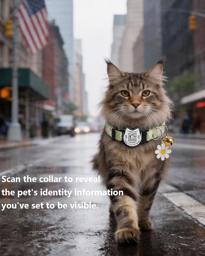 QR Code Cat Collar with Breakaway Safety Buckle, Adjustable Cotton Kitten Collar with Bell, Online Pet Profile Scan ID Tag for Lost Cats,Flower Pendant(Green)