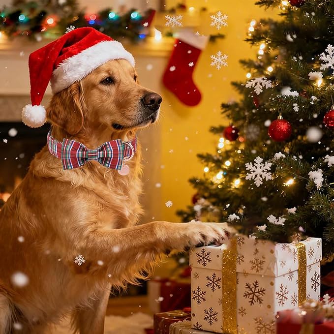 Christmas Plaid Dog Collar with Bow, Red and Blue Check Adjustable Pet Collar with Quick Release, Christmas Stripes Bowtie Collar for Small Medium Large Dogs XL