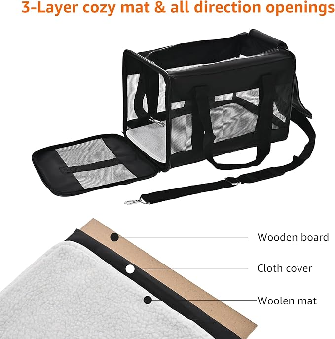 Amazon Basics Airline Approved Soft-Sided Mesh Pet Travel Carrier with Shoulder Strap, Portable, Washable Removable Fleece Pad for Dog, Cat, up to 16 pounds, 16.5" L x 10.6" W x 11" H, Black