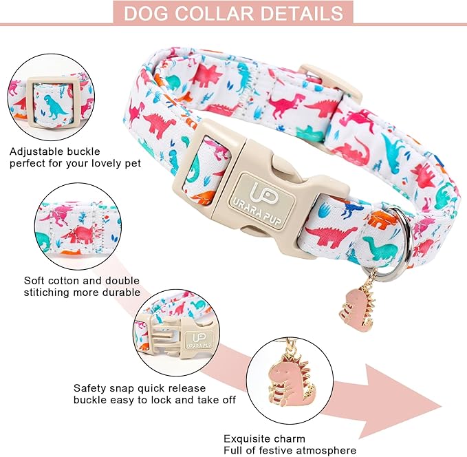 Summer Dog Collar, Adorable Dinosaur Cotton Dog Collar with Quick Release, Gift Dino Collars for Small Medium Large Boys Dogs Cute Durable Comfortable Pet Collars