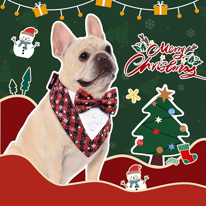 FUAMEY Dog Tuxedo Christmas for Small Dogs,Dog Formal Suit Dogs Attire Pet Bow Tie Puppy Party Costumes Cat Tux Outfits Pets Bandana Cosplay Adjustable Bowties Christmas Snowflake XS