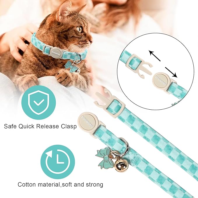 2 Pack Green Flower Cat Collars Breakaway with Bell, DOGWONG Safety Buckle Green Plaid Cute Cat Collar for Girl Boy Cats，Adjustable 7-12 Inch