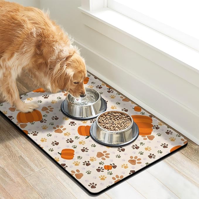 Fall Pumpkin Dog Food & Water Mat, Paw Prints Autumn Pet Feeding Mat for Floor Non-Slip Waterproof, Super Absorbent Cat Bowl Mat, Easy to Clean Eco-Friendly Durable Pet Placemat,24" × 32"