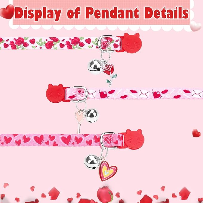 PUPTECK Breakaway Cat Collars with Bell - Pet Collar 3 Pack for Girl Boy Kittens Puppies and Small Pets, Pink Heart Rose