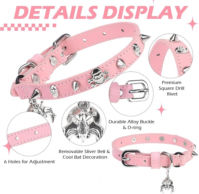 EXPAWLORER Cat Collar for Girl Boy Cats- Adjustable Leather Pet Collar with Safety Elastic Belt,Personalized Punk Accessories Buckle Collars with Bell & Durable D-Ring,Skull & Rivet（Pink）