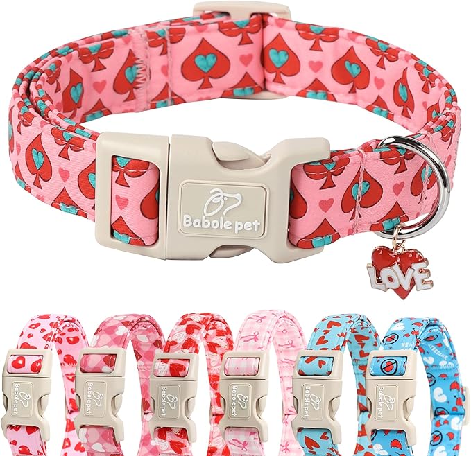 Valentines Dog Collar for Small Dogs - Design Cute Rose Red Valentine Dog Collars Boy Girl Puppy Adjustable Quick Release Buckle Collar with Little Heart Charm XS