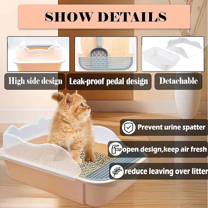 kathson Open Cat Litter Box with High Side,Anti-Splashing Cats Litter Pan Semi-Enclosed Removable Cats Litter Boxes with Litter Sifting Scoop Open Top Kitty Toilet for Easy to Clean(Khaki)