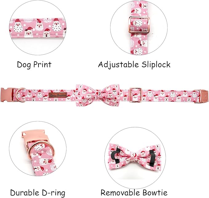 Dog Collar, Christmas Pink Santa Claus Cotton Pet Collar Bow Holiday Girl Boy Cute Puppy Collar Adjustable Pet Collar for Large Dogs