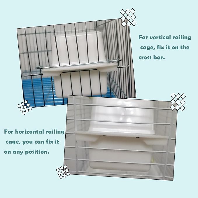 IBWell 2 Pack Bird Water Bowl Clear Bird Food Container Bird Cage Feeder No Mess Bird Feeder for Cage Parakeet Feeder with Perch, white