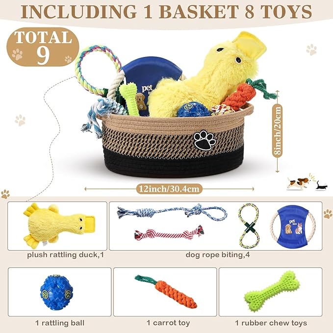 Zopeal Puppy Dog Toy Gift Storage Basket with Dog Toys Set Chew Toys Birthday Gift Basket Teething Interactive Squeaky Duck for Teething Small Medium Large Dogs(Black)