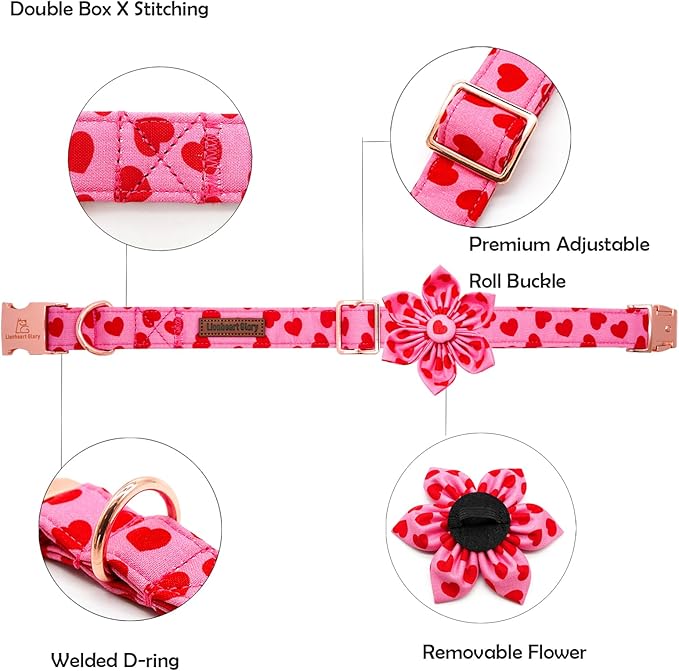 Lionheart glory Valentine's Day Dog Collar with Flower Dog Collar for Small Dogs, Soft Adjustable Hearts Dogs Collars Spring Pet Collars Flower Puppy