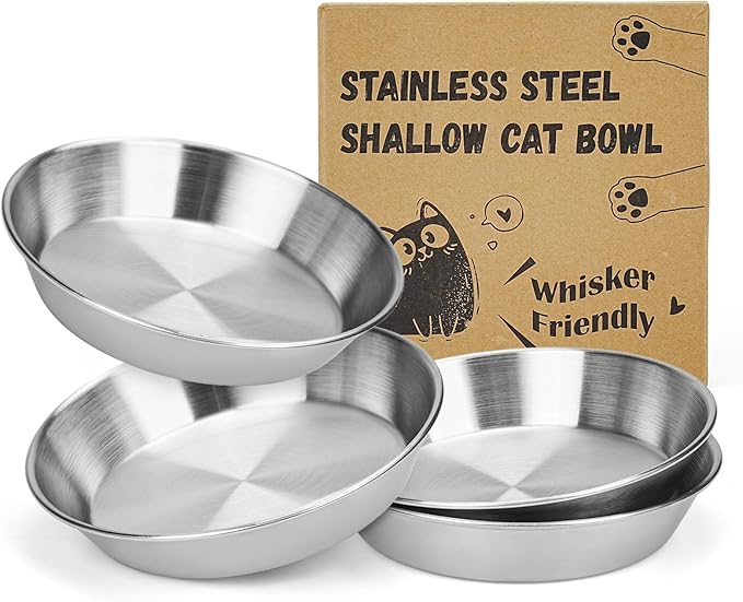 4-Pack Stainless Steel Cat Food Bowls, Shallow Whisker-Friendly Non-Slip Silicone Base Metal Dishes, Easy to Clean Indoor Water Flat Plates for Cat, Kitten, Small Dog (5.9")