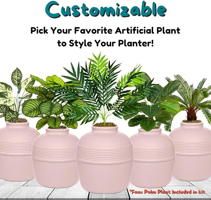 Good Pet Stuff Hidden Litter Box Planter, Decorative Cat Litter Enclosure with Carbon Filter, Artificial Plant, Easy Clean, Removable Liner, Round Style, Essentials Kit, Blush Pink