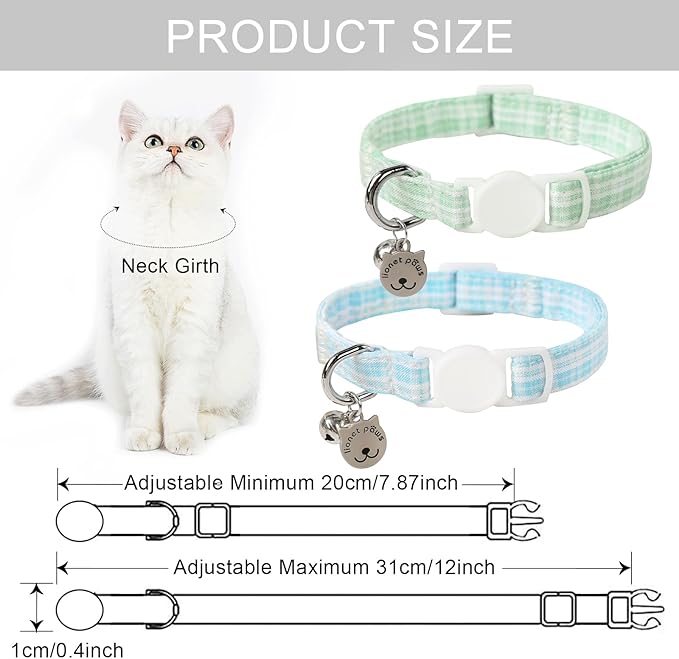 Lionet Paws 2pcs Pack Cotton Cat Collar,Breakaway Buckle with Green Blue Grid and Brand Pendant Cute Adjustable Cat Kitten Collar,Ideal for Girl Cats Boy Cats