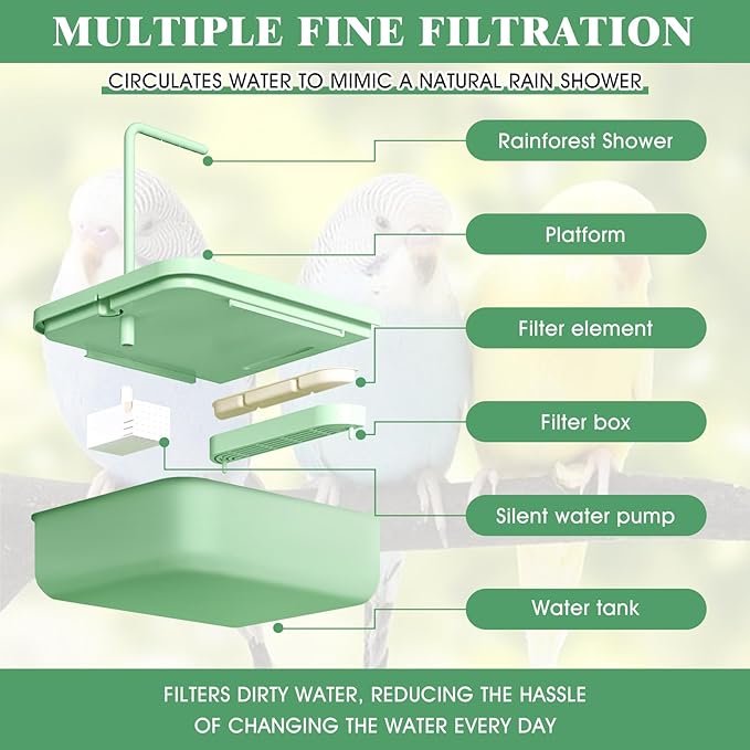 Pacify Automatic Bird Bath for Cage, Hanging Bird Shower with Pump, Circulating Water Indoor Parakeet Bathtub Bird Cage Accessory for Parrot, Parakeet, Cockatiel, Budgie, Conure, Lovebird