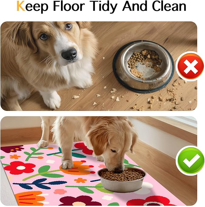 Pet Feedings Mats 20x12 inch Floral Print Pet Bowl Placemat Non Slip Mat for Cat and Dog Food and Water Indoor Pet Feeding Station Colorful Meal Mat for Small Pets Kitchen Floor Use
