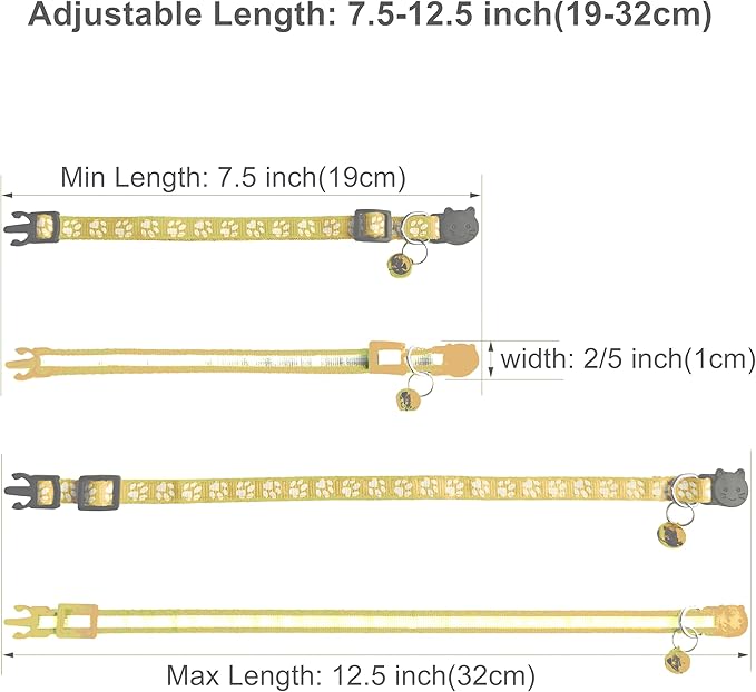2 Pack Breakaway Cat Collars with Bells, Reflective Design and Claw Print Design, Safety Buckle Kitten Collars Adjustable from 7.5 to 12.5 Inches (Yellow)