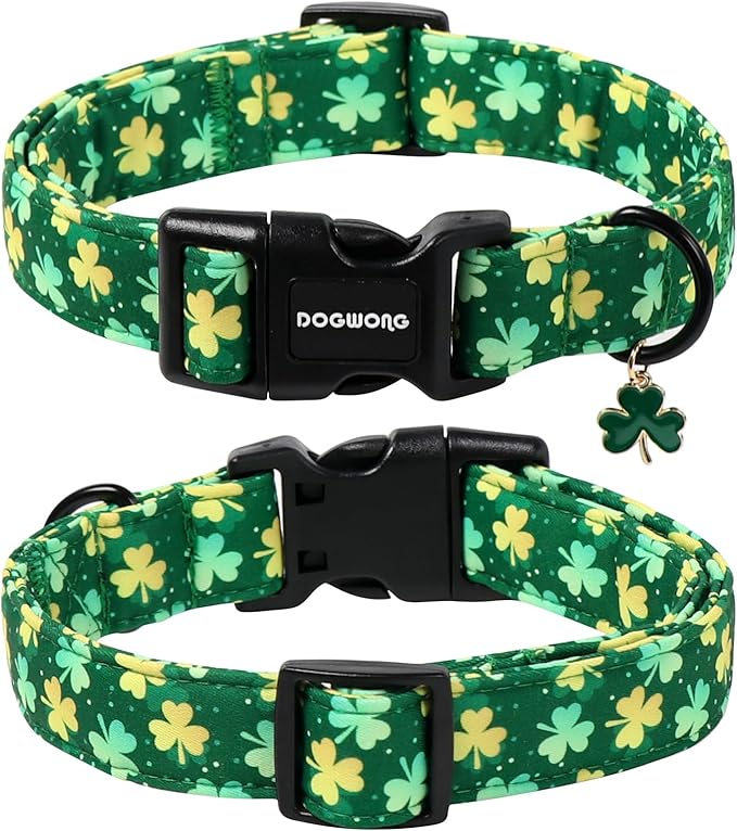 DOGWONG St Patrick's Day Dog Collar-Cute Green Clovers Dog Collars, Adjustable Shamrock Pet Collars Trefoil Puppy Collars with Quick Release Buckle for Girl&Boy Dogs,S