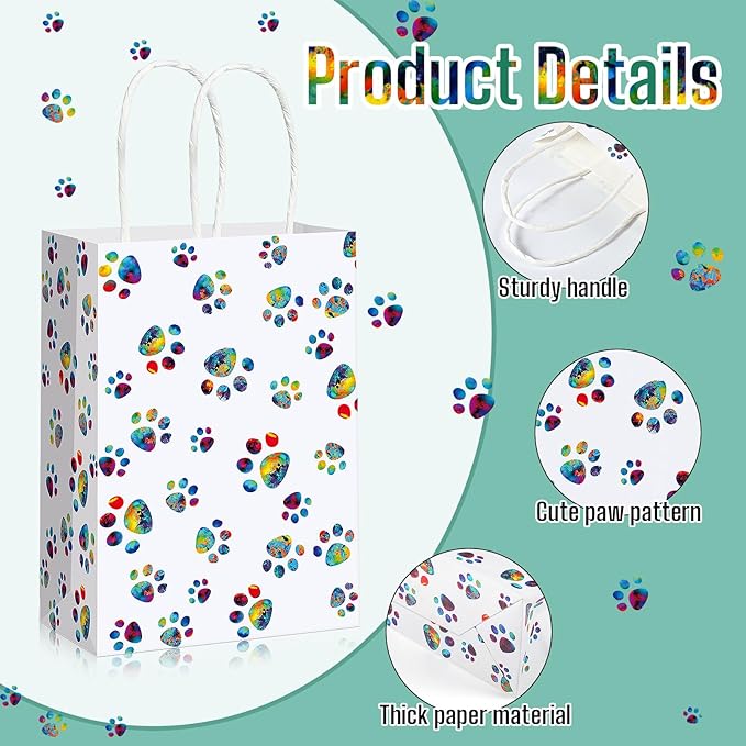 Blulu 20 Pcs Puppy Dog Paw Gift Bags with Paper Twist Handles, Dog Gift Paper Paw Treat Goodie Bags for PET Treat Party Favor, 6.3 x 3.1 x 8.6 Inch(Dazzling Paws)