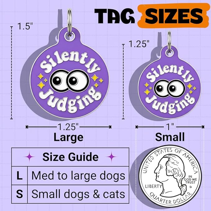 Bad Tags Personalized Dog and Cat ID Tags in 25+ Designs and 2 Sizes - 5 Lines of Custom Engraved Text - Funny Cute Personalized Pet Tags (Silently Judging - Purple, Large (1.25 inch))