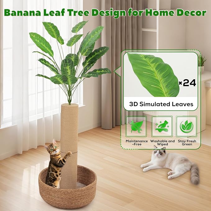 62 Inch Tall Cat Scratching Post with Bed, Banana Leaf Tree Scratching Posts for Indoor Cats Adults, Modern Artificial Plants Scratcher Post with Foldable Woven Cat Basket for Home Decor