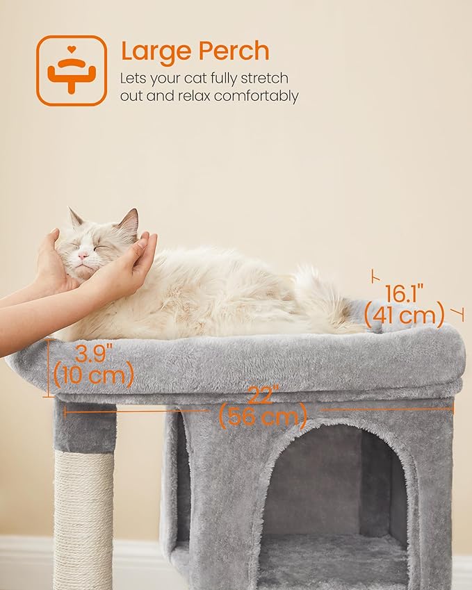 Feandrea Cat Tree, 33.1-Inch Cat Tower, Plush Condo for Large Cats up to 16 lb, Large Perch, 2 Caves, Scratching Post, Light Gray UPCT61W