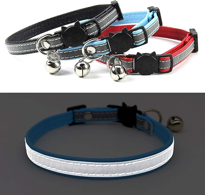 KUDES 3 PCS Breakaway Cat Leather Collars, Reflective Safety Buckle Kitten Collar with Bell for Cat Kitty and Small Animals, Adjustable from 7.5in-12.5in (3 Colors)