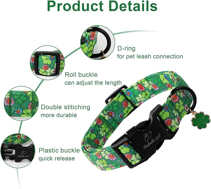 St Patricks Day Dog Collar for Medium Dogs - Lucky Flower Shamrock Green Dog Collars, Cute Irish Clover Puppy Collar with Quick Release Buckle for Girls&Boys Dogs M