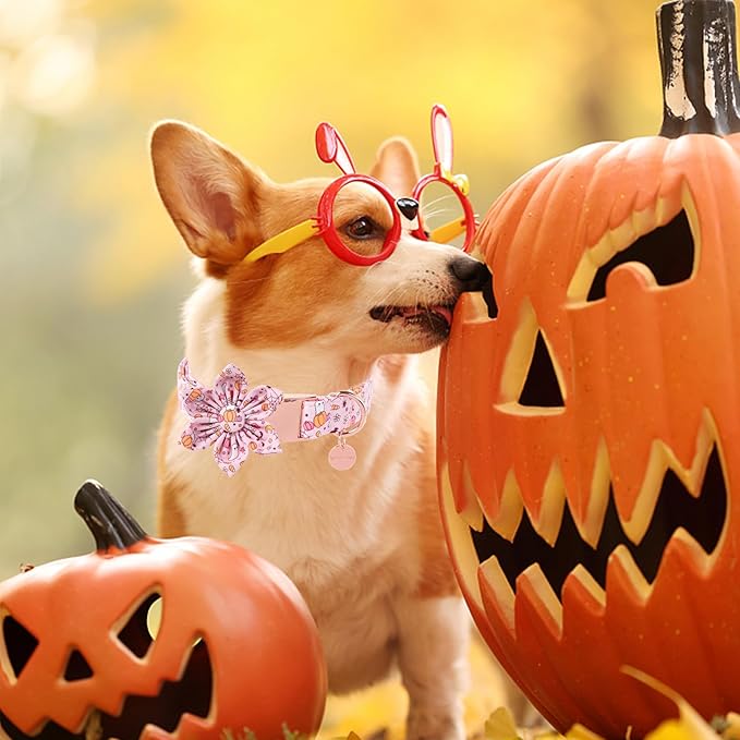 Halloween Dog Collar With Flower, Pink Puppy Collar With Adjustable Metal Buckle, Fancy Bowtie Gift for Girl Boy Dog, L